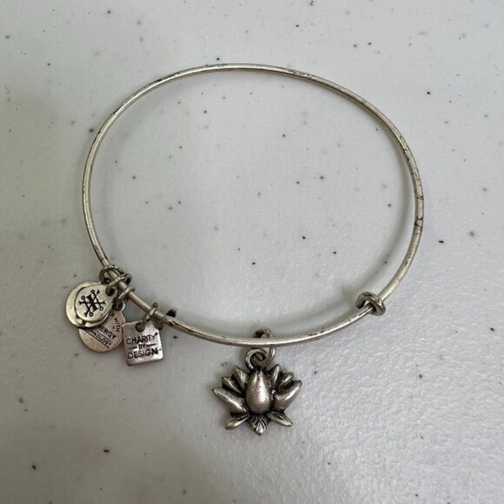 Alex and Ani Lotus Blossom Charm Bangle Silver‎ Tone Bracelet Wire Wrapped